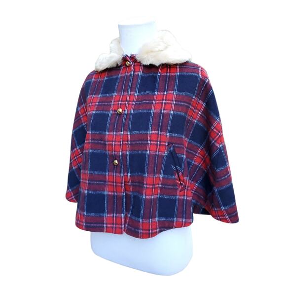 Janie and Jack the Tartan Holiday Cape Red Blue Plaid Faux Fur Collar Sz 7-8 - Picture 8 of 14